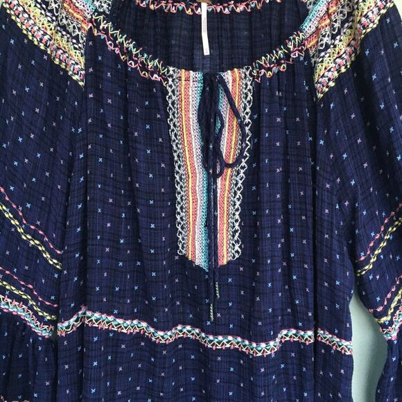Free People Talia Top Women's M Embroidered Peasant Boho Bell Sleeve Blouse - Picture 8 of 16